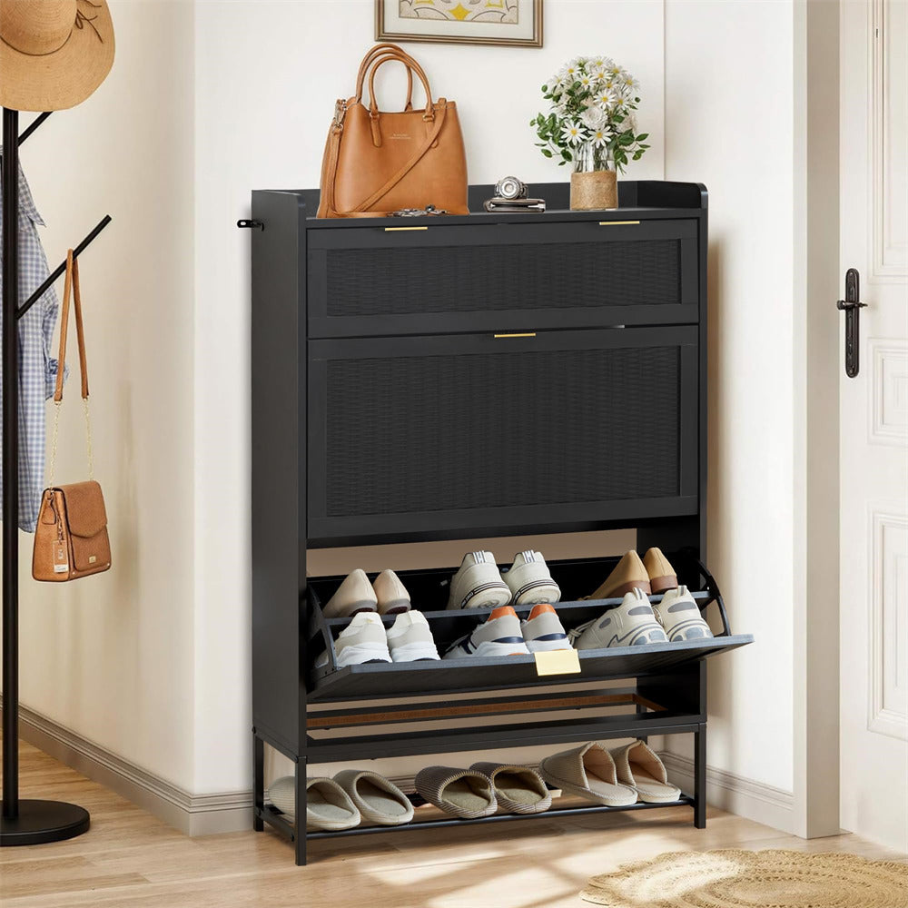 Hidden Shoe Cabinet Black Free Standing Narrow Shoe Rack Cabinet with 2 Flip Drawer