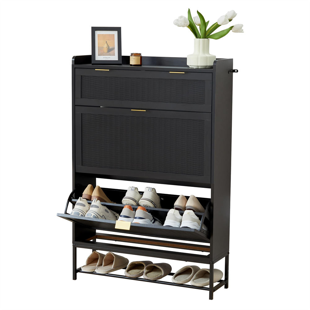 Hidden Shoe Cabinet Black Free Standing Narrow Shoe Rack Cabinet with 2 Flip Drawer