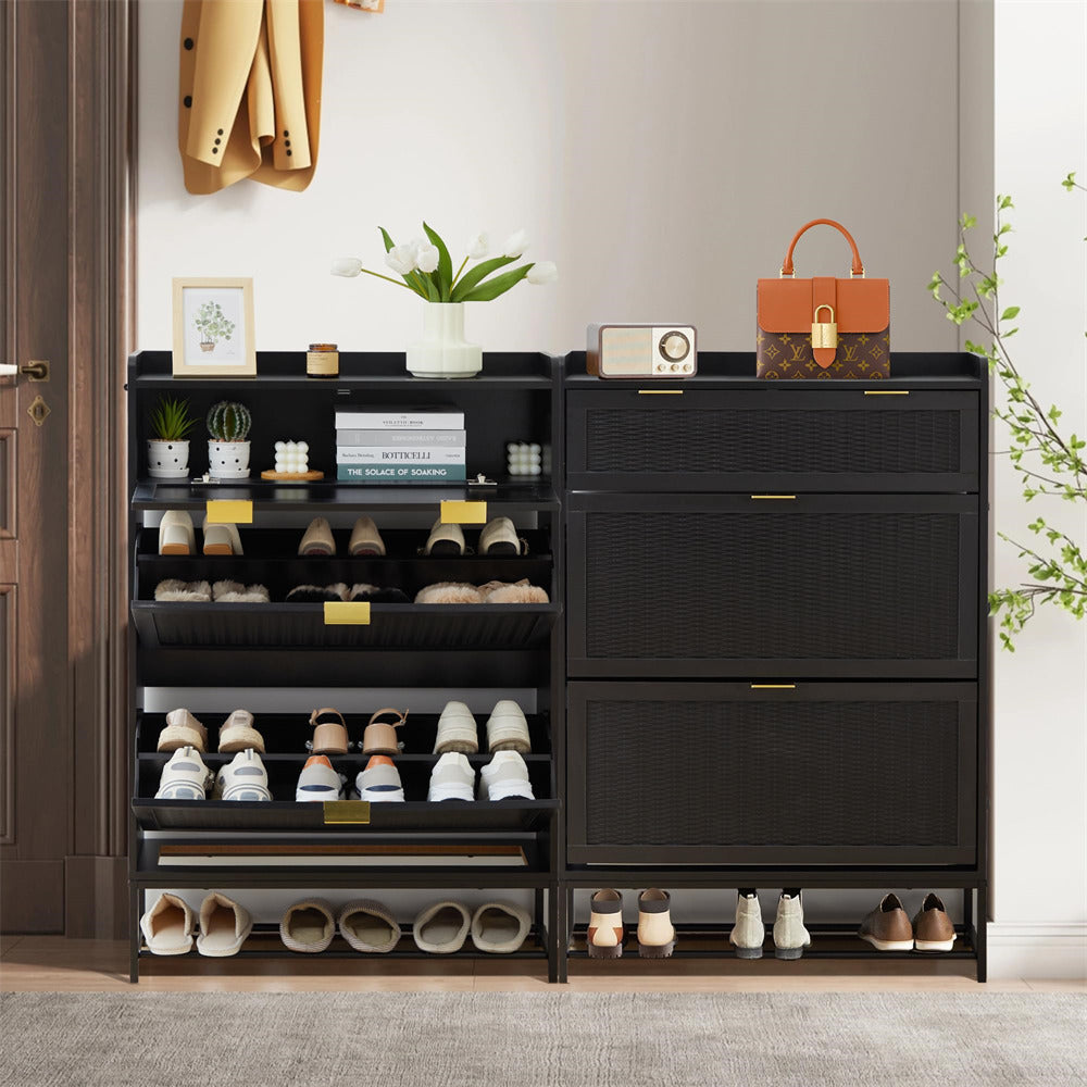 Hidden Shoe Cabinet Black Free Standing Narrow Shoe Rack Cabinet with 2 Flip Drawer