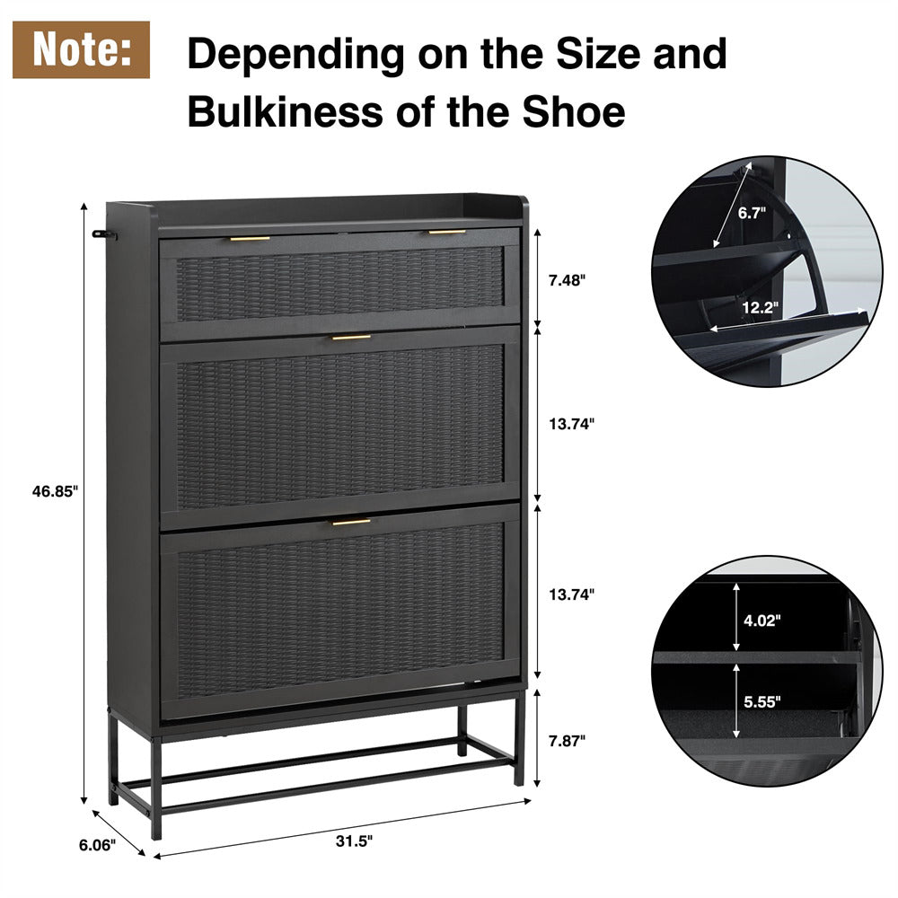 Hidden Shoe Cabinet Black Free Standing Narrow Shoe Rack Cabinet with 2 Flip Drawer