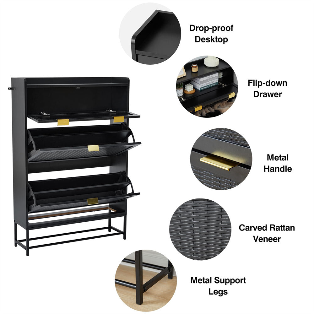 Hidden Shoe Cabinet Black Free Standing Narrow Shoe Rack Cabinet with 2 Flip Drawer