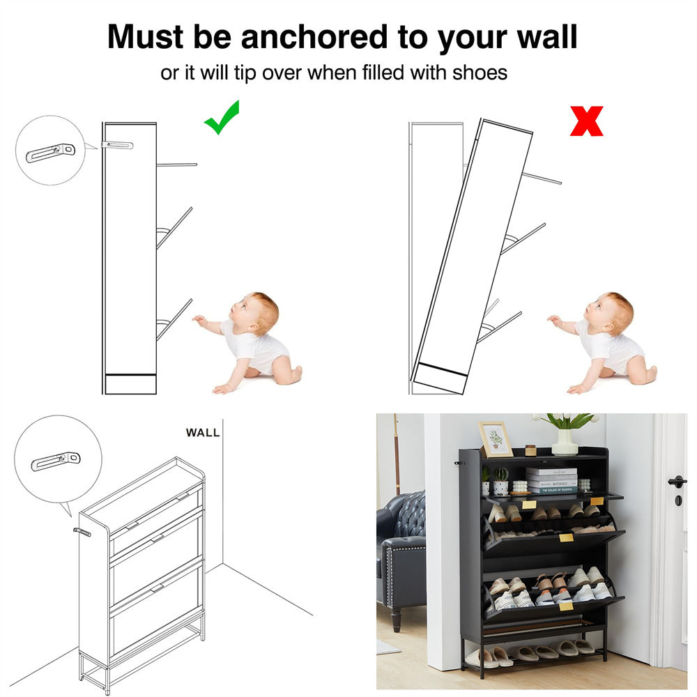 Hidden Shoe Cabinet Black Free Standing Narrow Shoe Rack Cabinet with 2 Flip Drawer