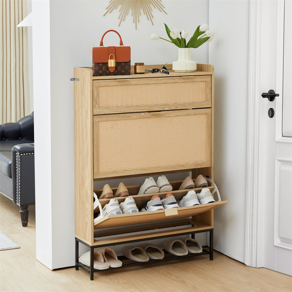 Hidden Shoe Cabinet Natural Free Standing Narrow Shoe Rack Cabinet with 2 Flip Drawer