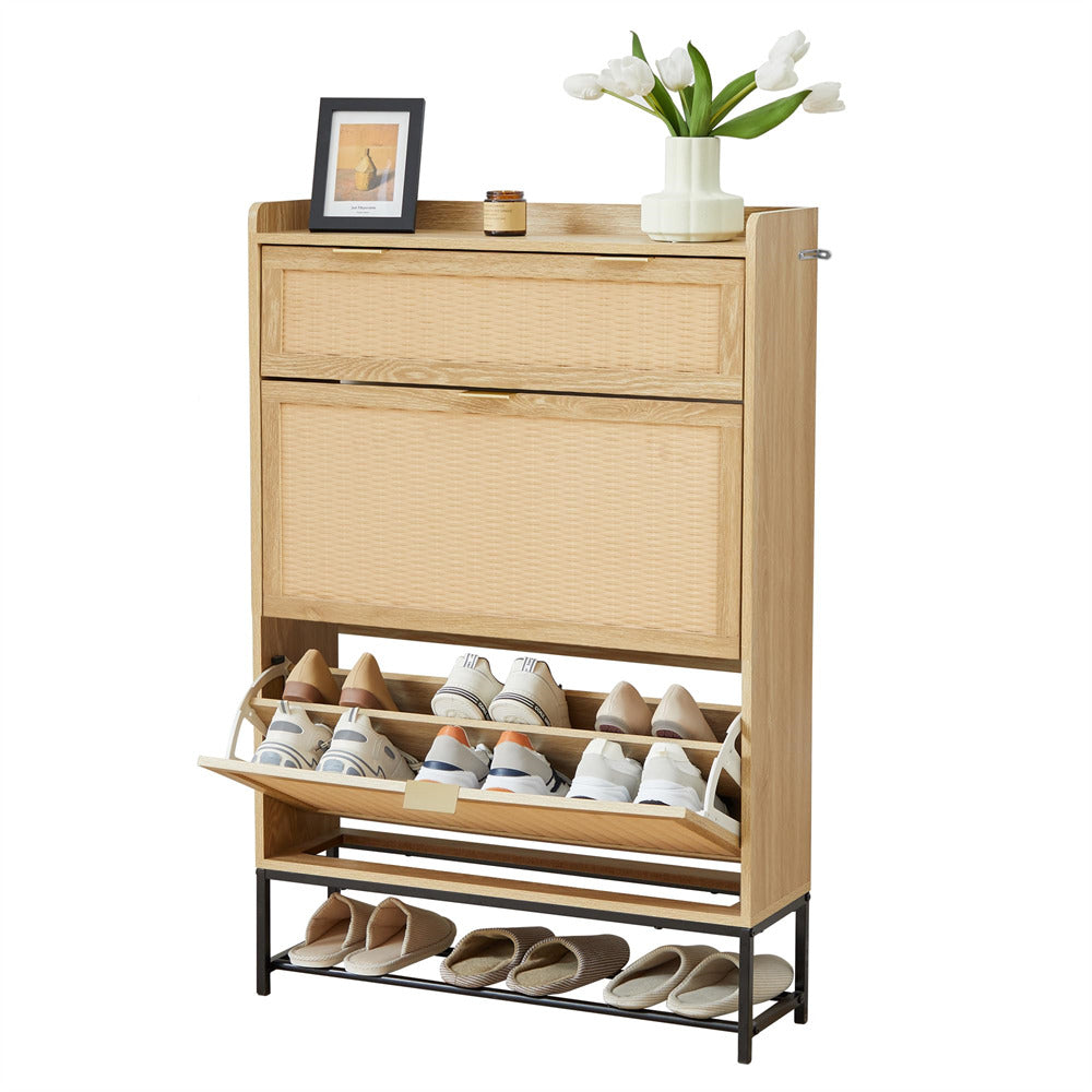 Hidden Shoe Cabinet Natural Free Standing Narrow Shoe Rack Cabinet with 2 Flip Drawer