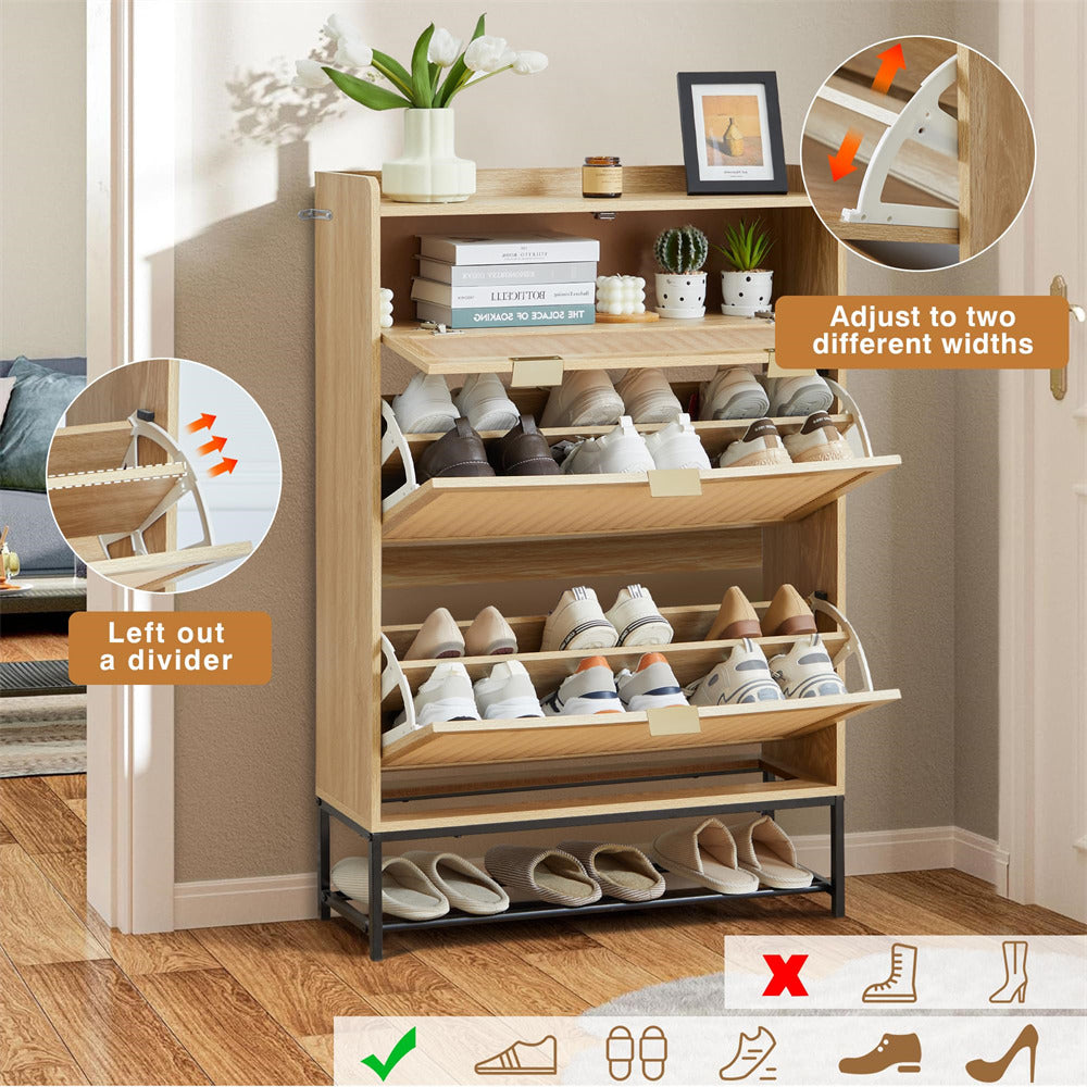 Hidden Shoe Cabinet Natural Free Standing Narrow Shoe Rack Cabinet with 2 Flip Drawer