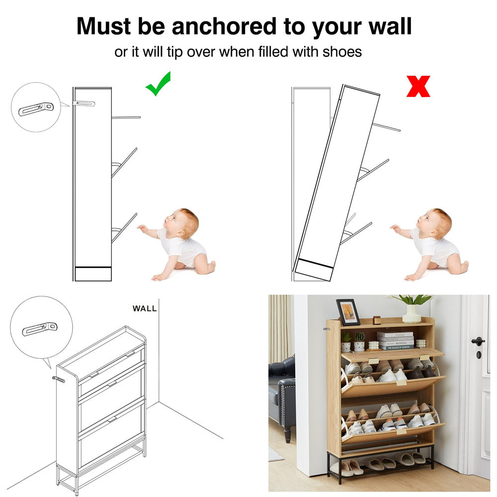 Hidden Shoe Cabinet Natural Free Standing Narrow Shoe Rack Cabinet with 2 Flip Drawer
