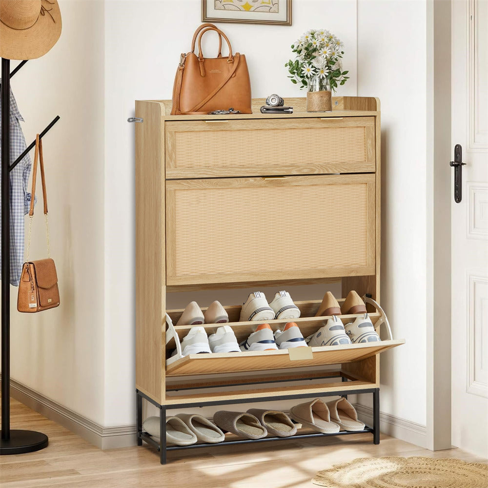 Hidden Shoe Cabinet Natural Free Standing Narrow Shoe Rack Cabinet with 2 Flip Drawer