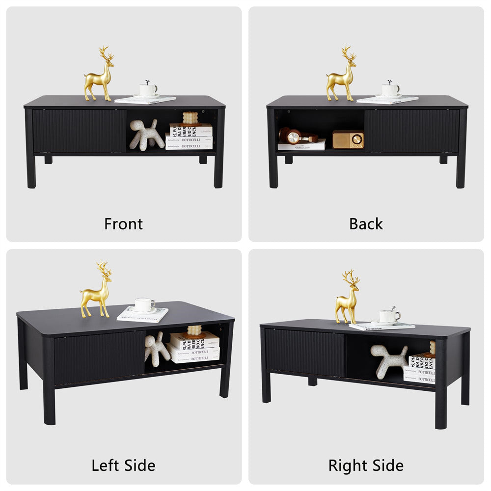 Mid-Century Modern Rectangular Wood Coffee Table Black with Waveform Panel Sliding Door