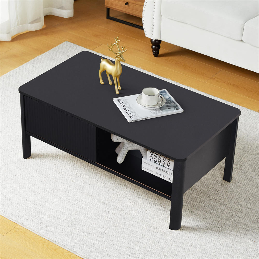 Mid-Century Modern Rectangular Wood Coffee Table Black with Waveform Panel Sliding Door