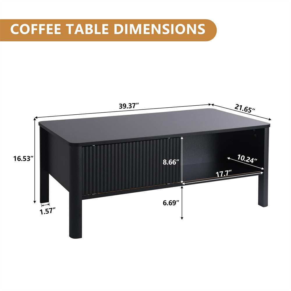 Mid-Century Modern Rectangular Wood Coffee Table Black with Waveform Panel Sliding Door Size