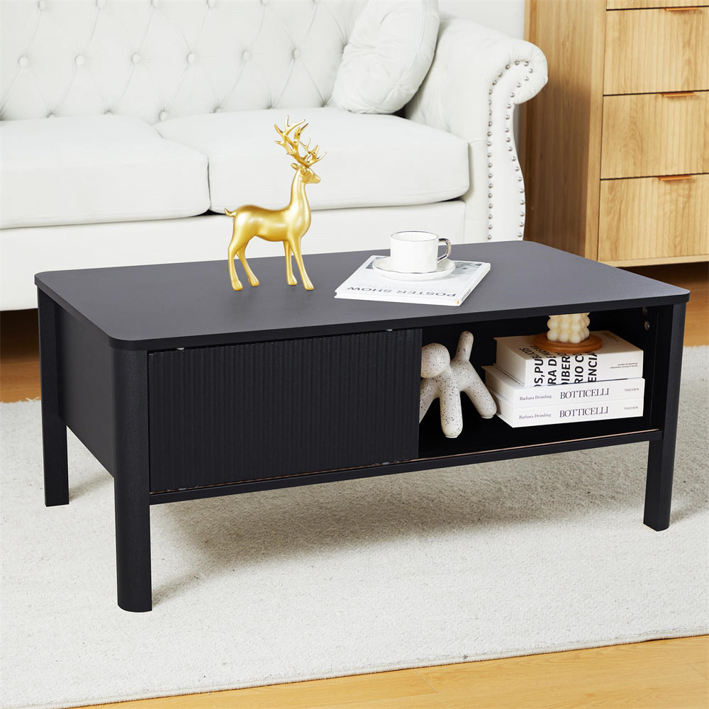 Mid-Century Modern Rectangular Wood Coffee Table Black with Waveform Panel Sliding Door