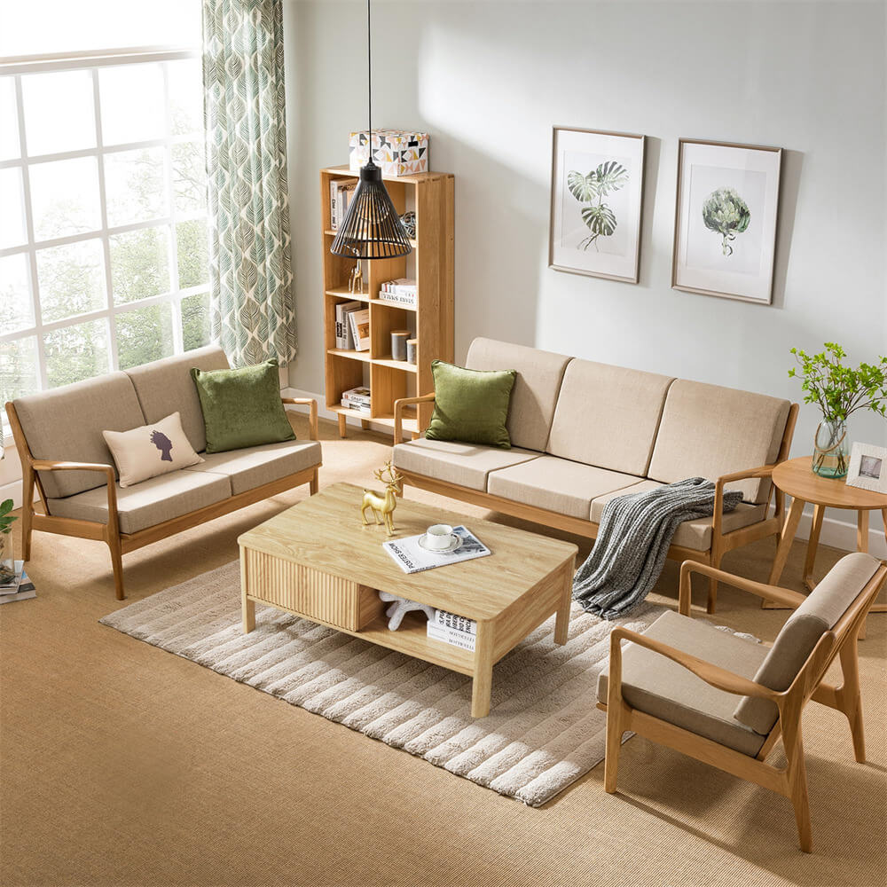 Mid-Century Modern Rectangular Wood Coffee Table Natural with Waveform Panel Sliding Door