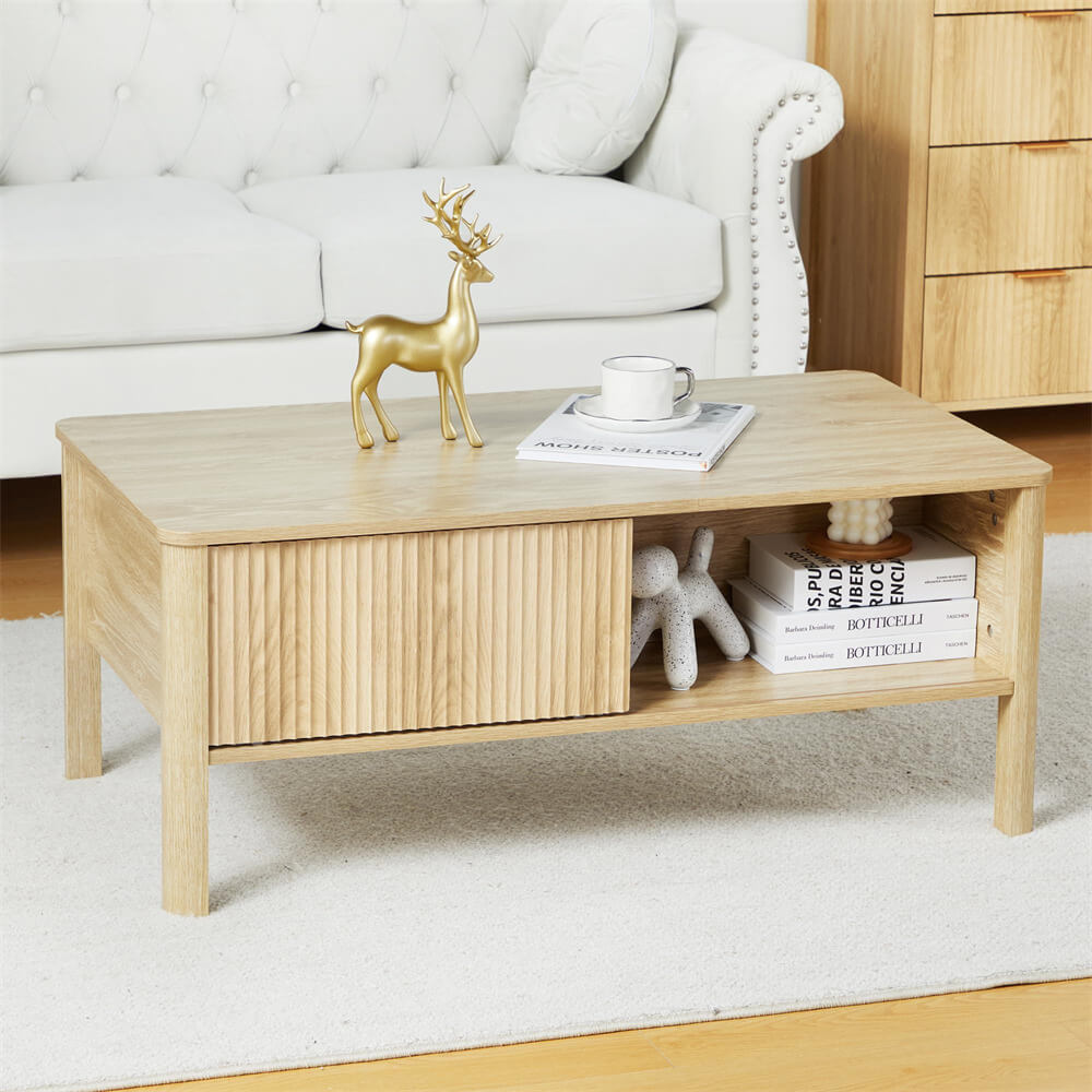 Mid-Century Modern Rectangular Wood Coffee Table Natural with Waveform Panel Sliding Door