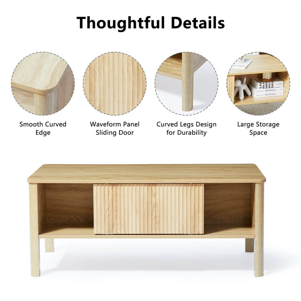 Mid-Century Modern Rectangular Wood Coffee Table Natural with Waveform Panel Sliding Door