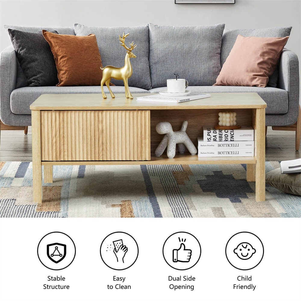 Mid-Century Modern Rectangular Wood Coffee Table Natural with Waveform Panel Sliding Door