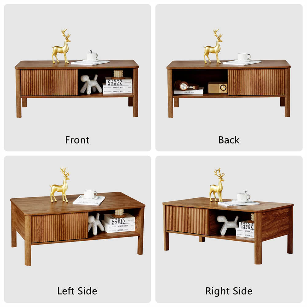 Mid-Century Modern Rectangular Wood Coffee Table Walnut with Waveform Panel Sliding Door
