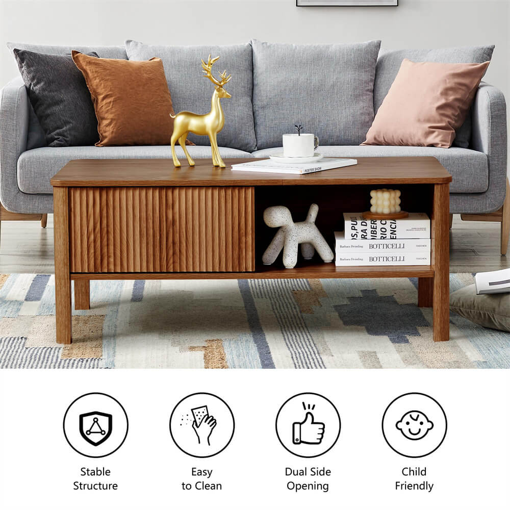 Mid-Century Modern Rectangular Wood Coffee Table Walnut with Waveform Panel Sliding Door