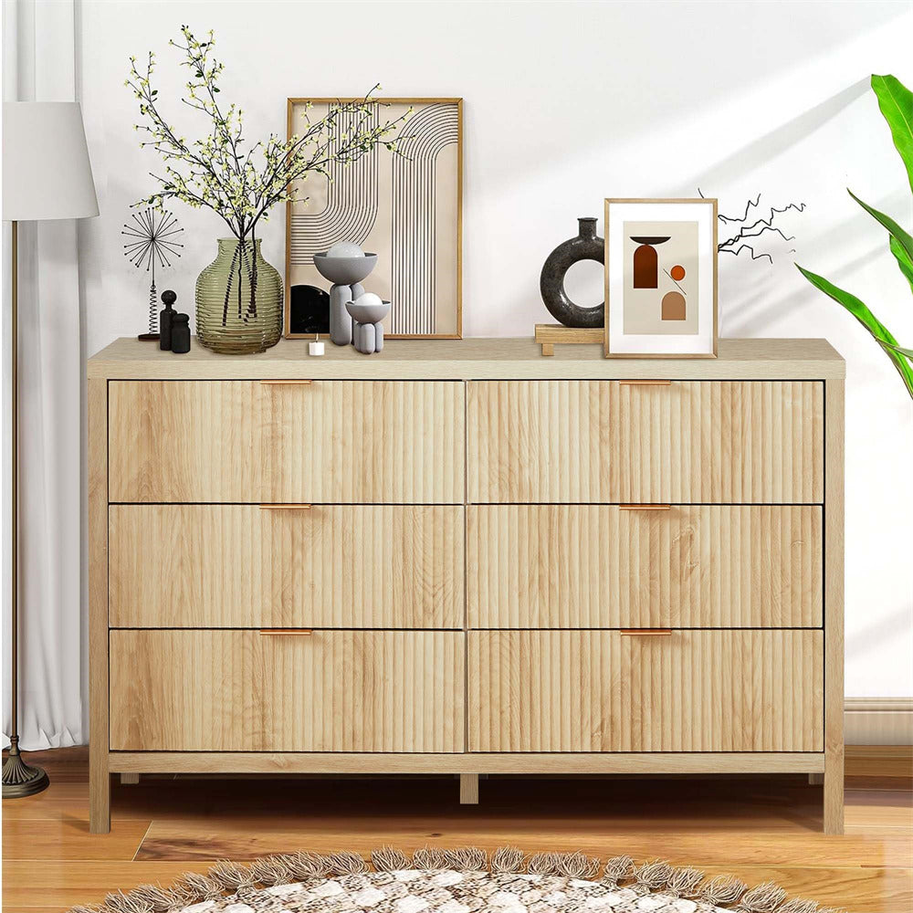 Mid Century Modern 6 Drawers Dresser Natual Farmhouse Wooden Storage Cabinet
