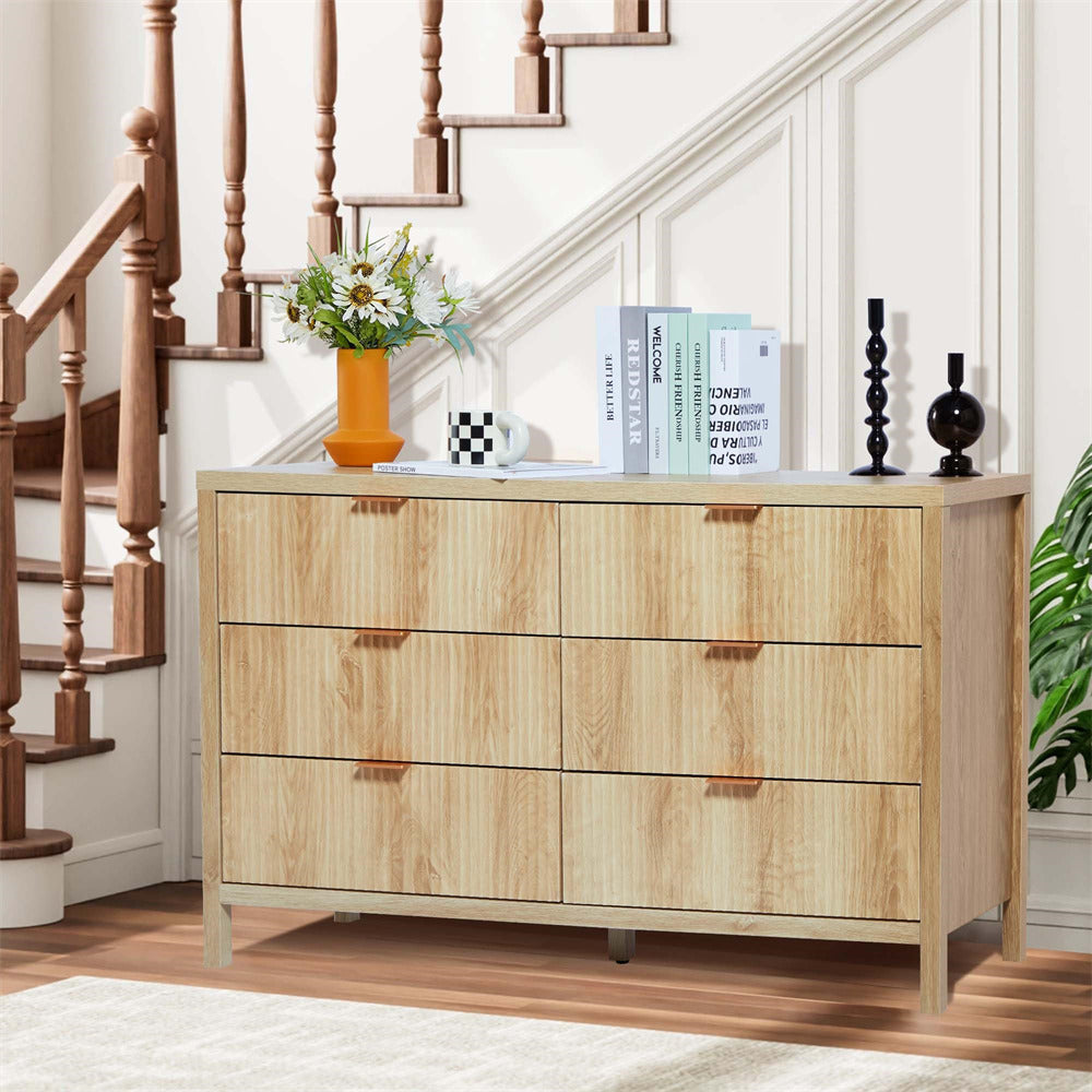 Mid Century Modern 6 Drawers Dresser Natual Farmhouse Wooden Storage Cabinet