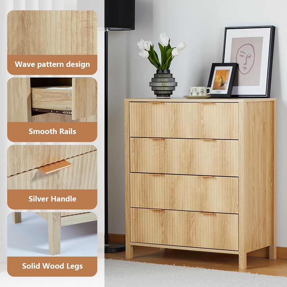 Mid Century Modern Dresser Natural Farmhouse Wooden Storage Cabinet with 4 Drawers