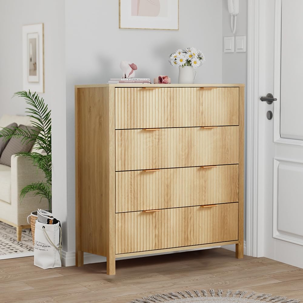 Mid Century Modern Dresser Natural Farmhouse Wooden Storage Cabinet with 4 Drawers