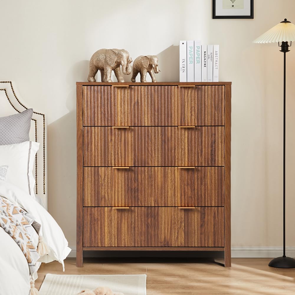 Mid Century Modern Dresser Walnut Farmhouse Wooden Storage Cabinet with 4 Drawers