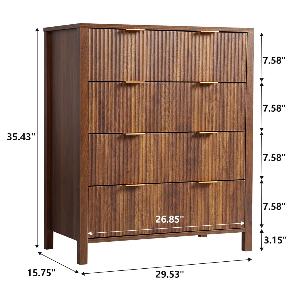 Mid Century Modern Dresser Walnut Farmhouse Wooden Storage Cabinet with 4 Drawers