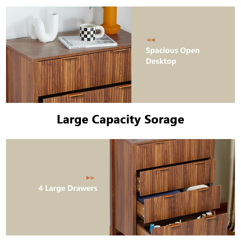 Mid Century Modern Dresser Walnut Farmhouse Wooden Storage Cabinet with 4 Drawers