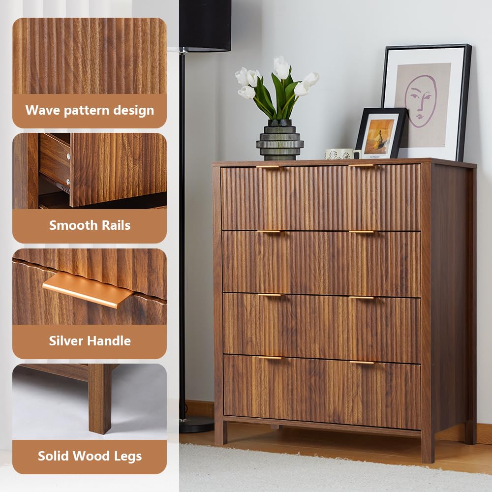 Mid Century Modern Dresser Walnut Farmhouse Wooden Storage Cabinet with 4 Drawers