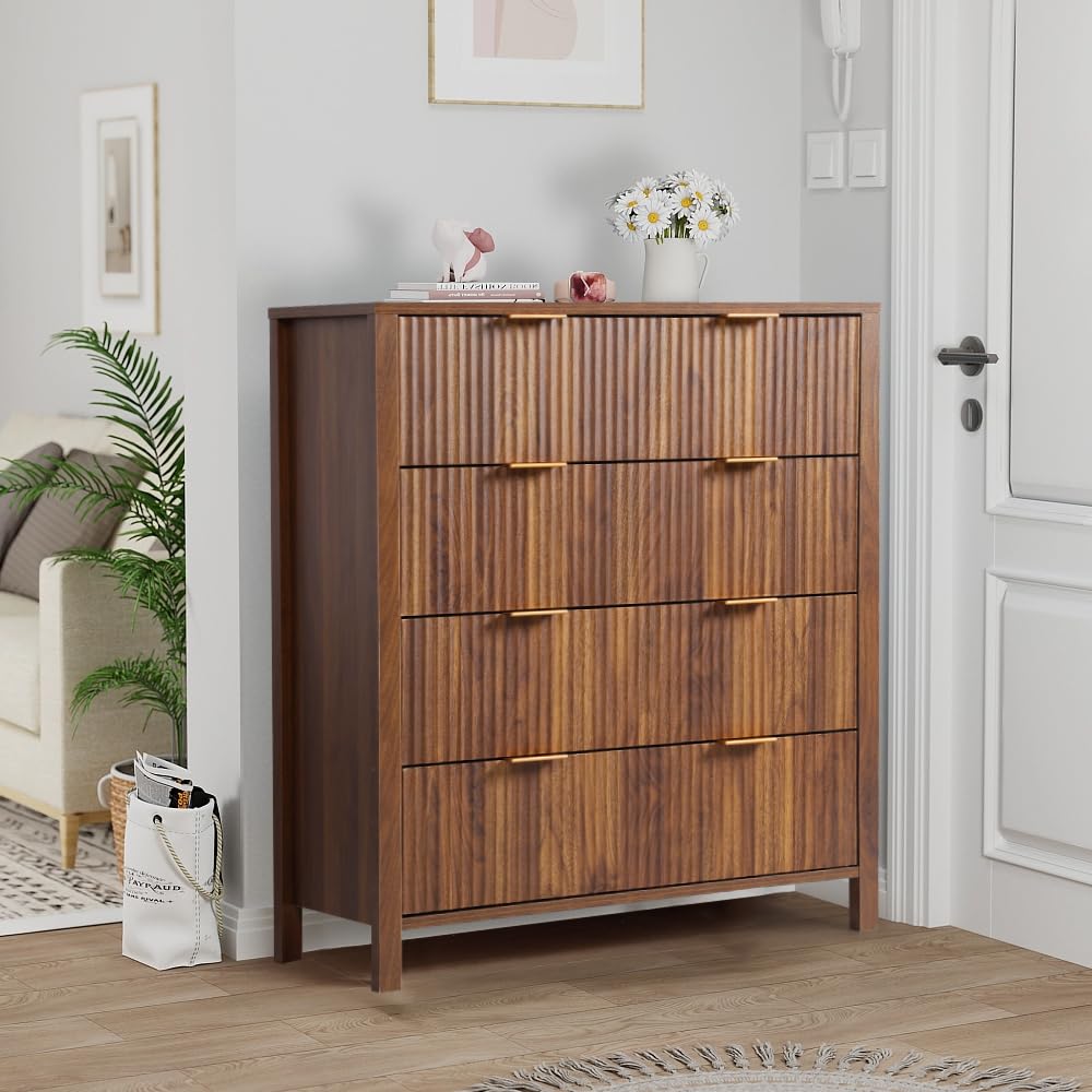 Mid Century Modern Dresser Walnut Farmhouse Wooden Storage Cabinet with 4 Drawers