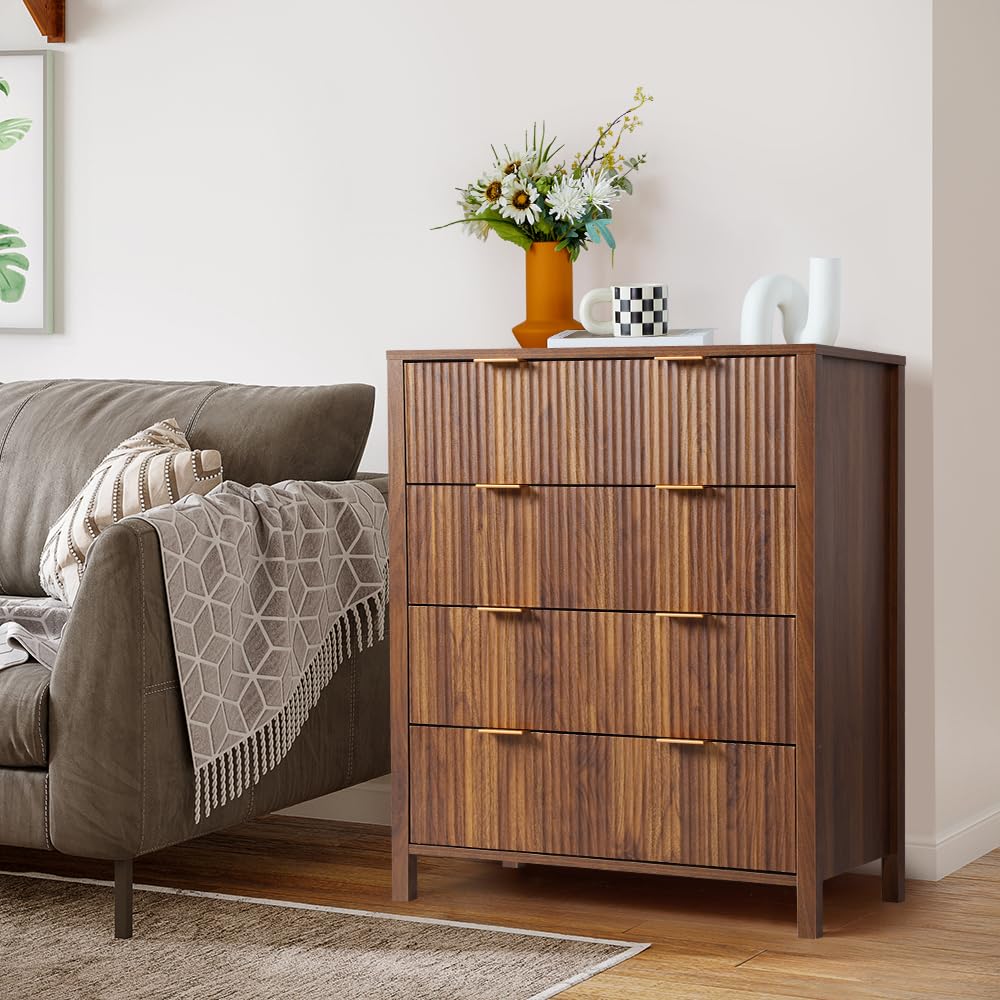 Mid Century Modern Dresser Walnut Farmhouse Wooden Storage Cabinet with 4 Drawers