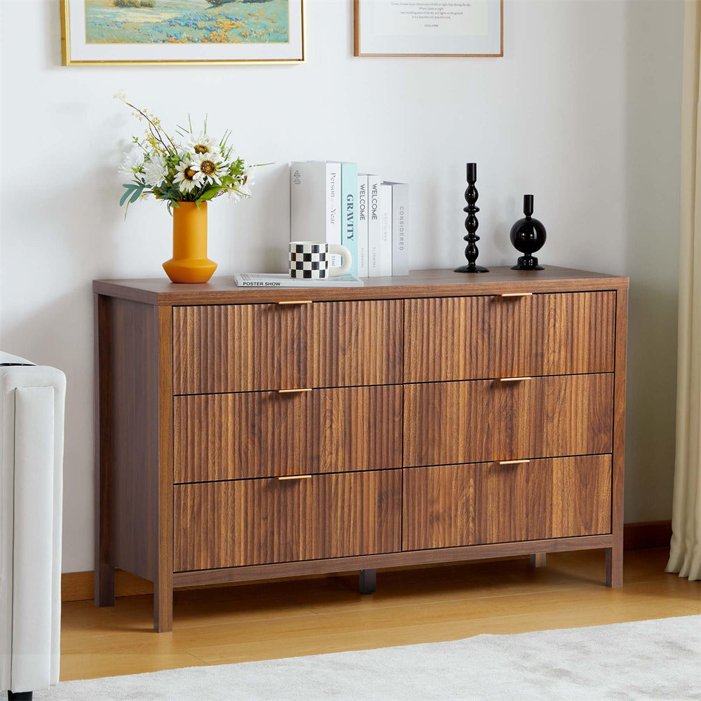 Mid Century Modern 6 Drawers Dresser Walnut Farmhouse Wooden Storage Cabinet