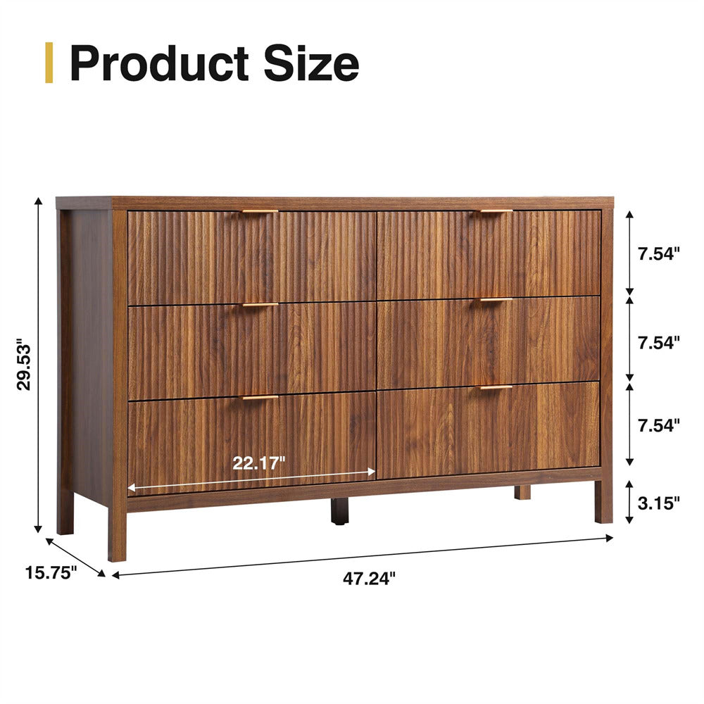 Mid Century Modern 6 Drawers Dresser Walnut Farmhouse Wooden Storage Cabinet