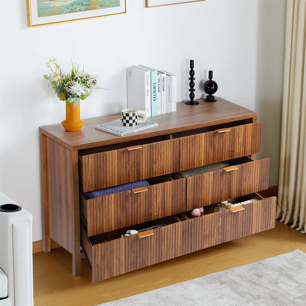 Mid Century Modern 6 Drawers Dresser Walnut Farmhouse Wooden Storage Cabinet
