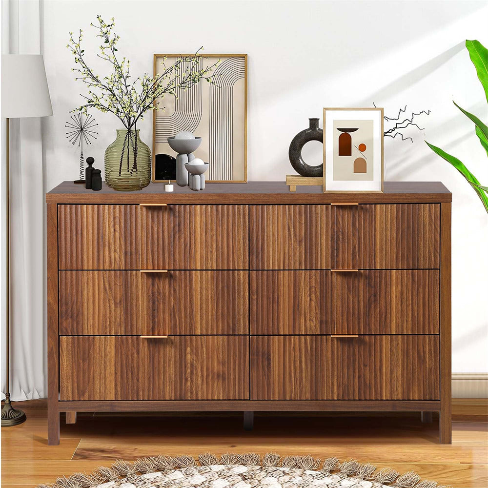 Mid Century Modern 6 Drawers Dresser Walnut Farmhouse Wooden Storage Cabinet