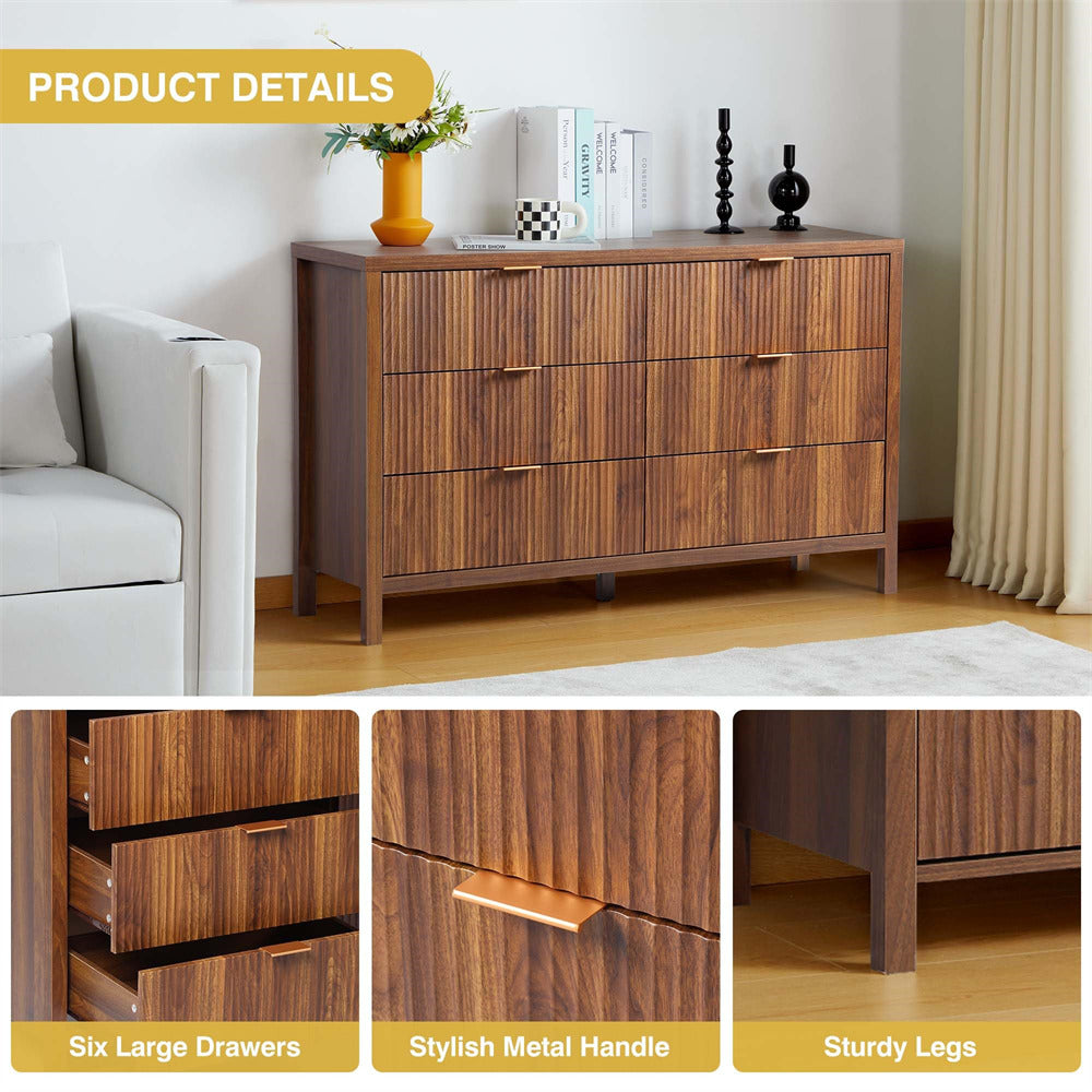 Mid Century Modern 6 Drawers Dresser Walnut Farmhouse Wooden Storage Cabinet