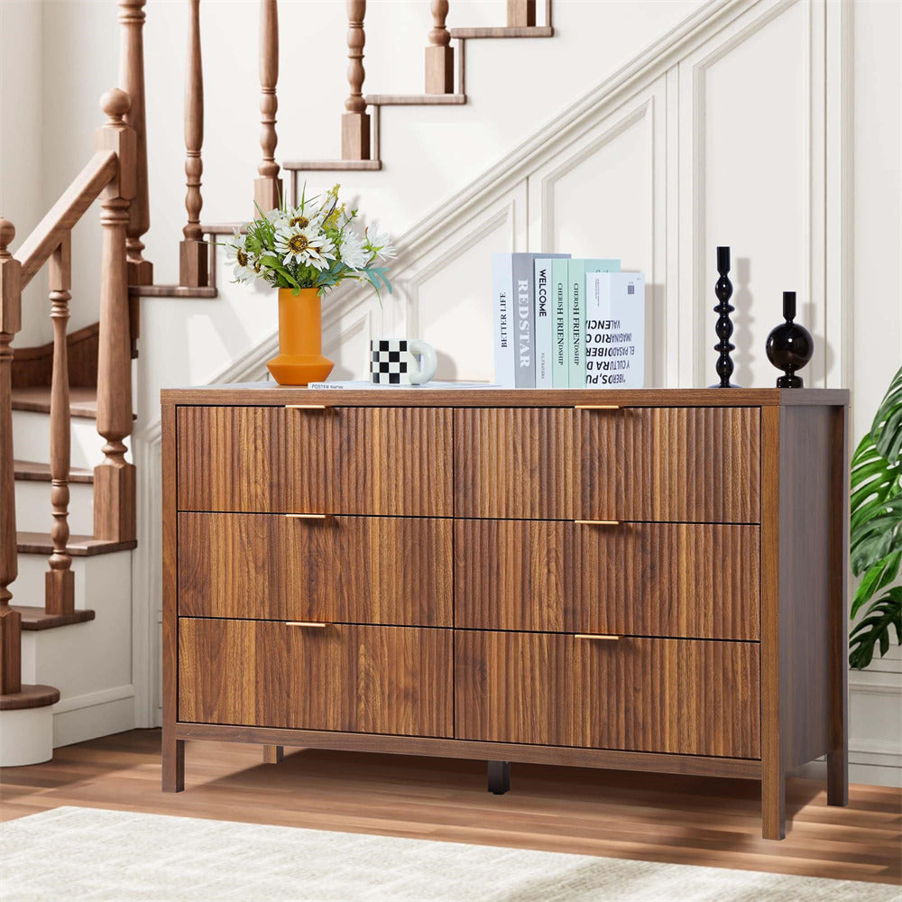 Mid Century Modern 6 Drawers Dresser Walnut Farmhouse Wooden Storage Cabinet