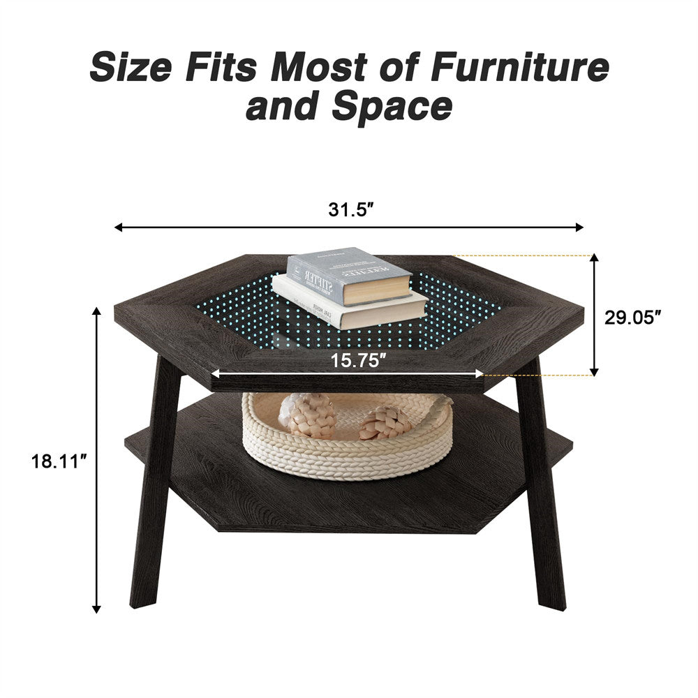Black Hexagon Coffee Table Glass Top with 16 Color Lights and Voice Control Induction Szie