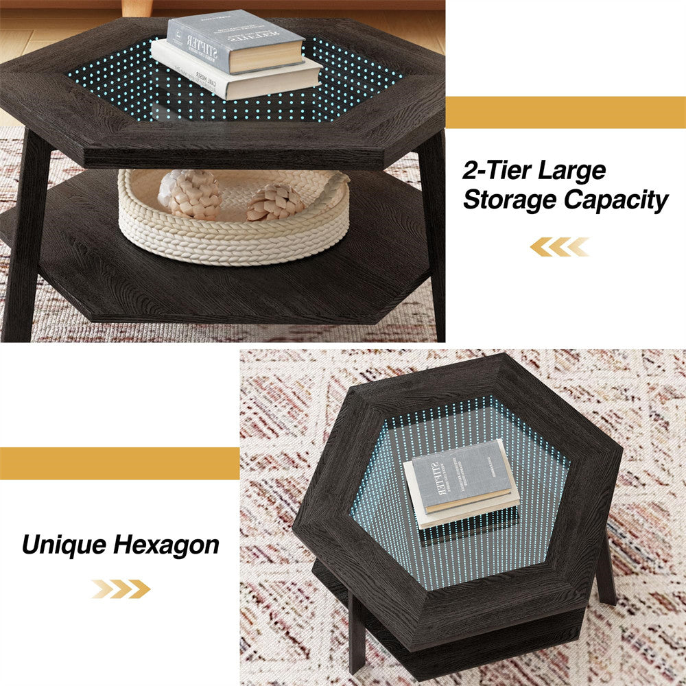 Black Hexagon Coffee Table Glass Top with 16 Color Lights and Voice Control Induction