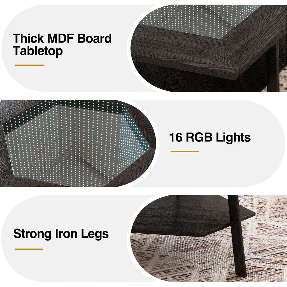 Black Hexagon Coffee Table Glass Top with 16 Color Lights and Voice Control Induction