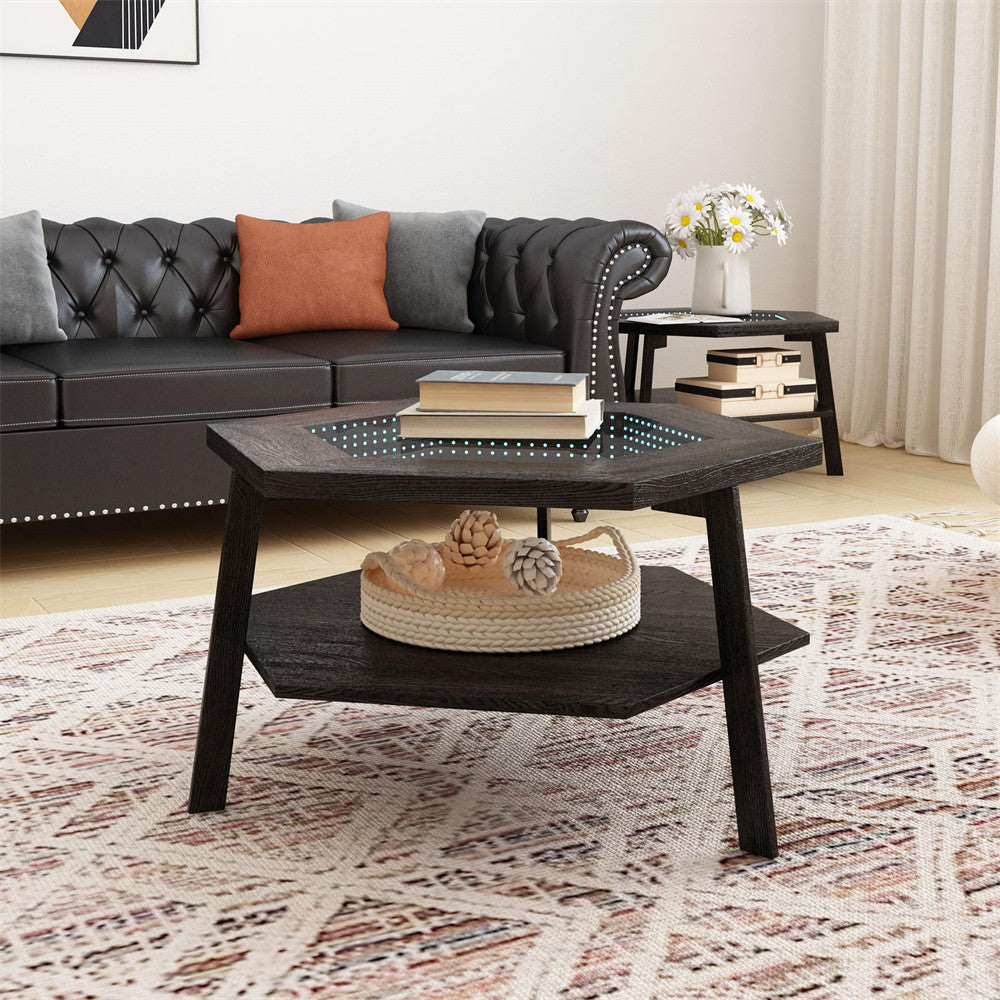 Black Hexagon Coffee Table Glass Top with 16 Color Lights and Voice Control Induction