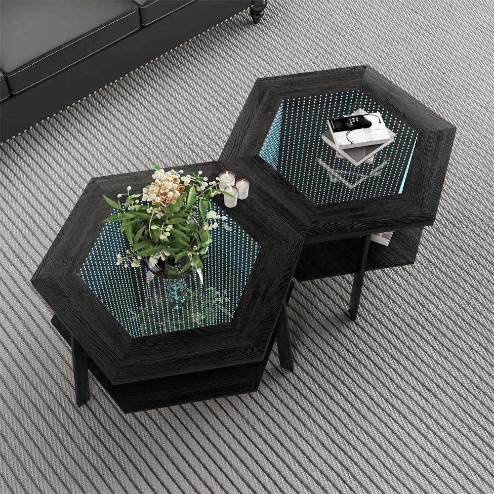 Black Hexagon Coffee Table Glass Top with 16 Color Lights and Voice Control Induction