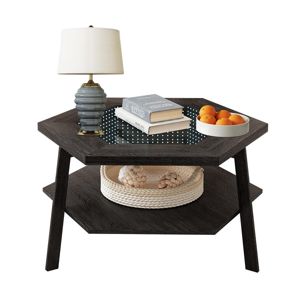 Black Hexagon Coffee Table Glass Top with 16 Color Lights and Voice Control Induction