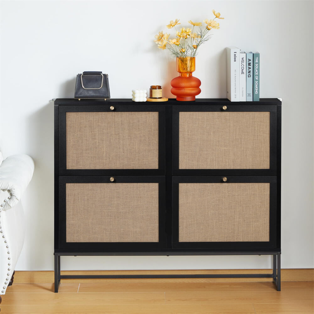 Modern Entryway Wooden Shoe Cabinet Black Freestanding Tipping Bucket Shoe Rack with 4 Flip Drawers