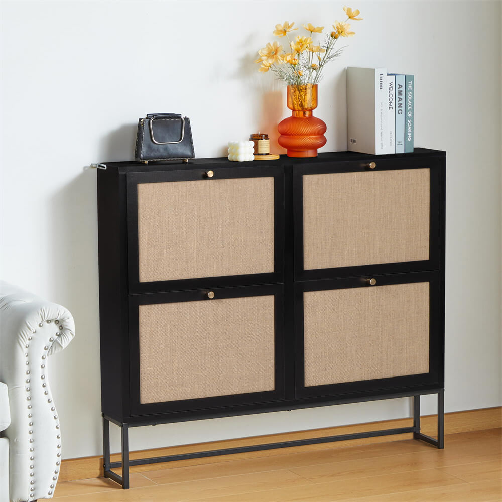 Modern Entryway Wooden Shoe Cabinet Black Freestanding Tipping Bucket Shoe Rack with 4 Flip Drawers