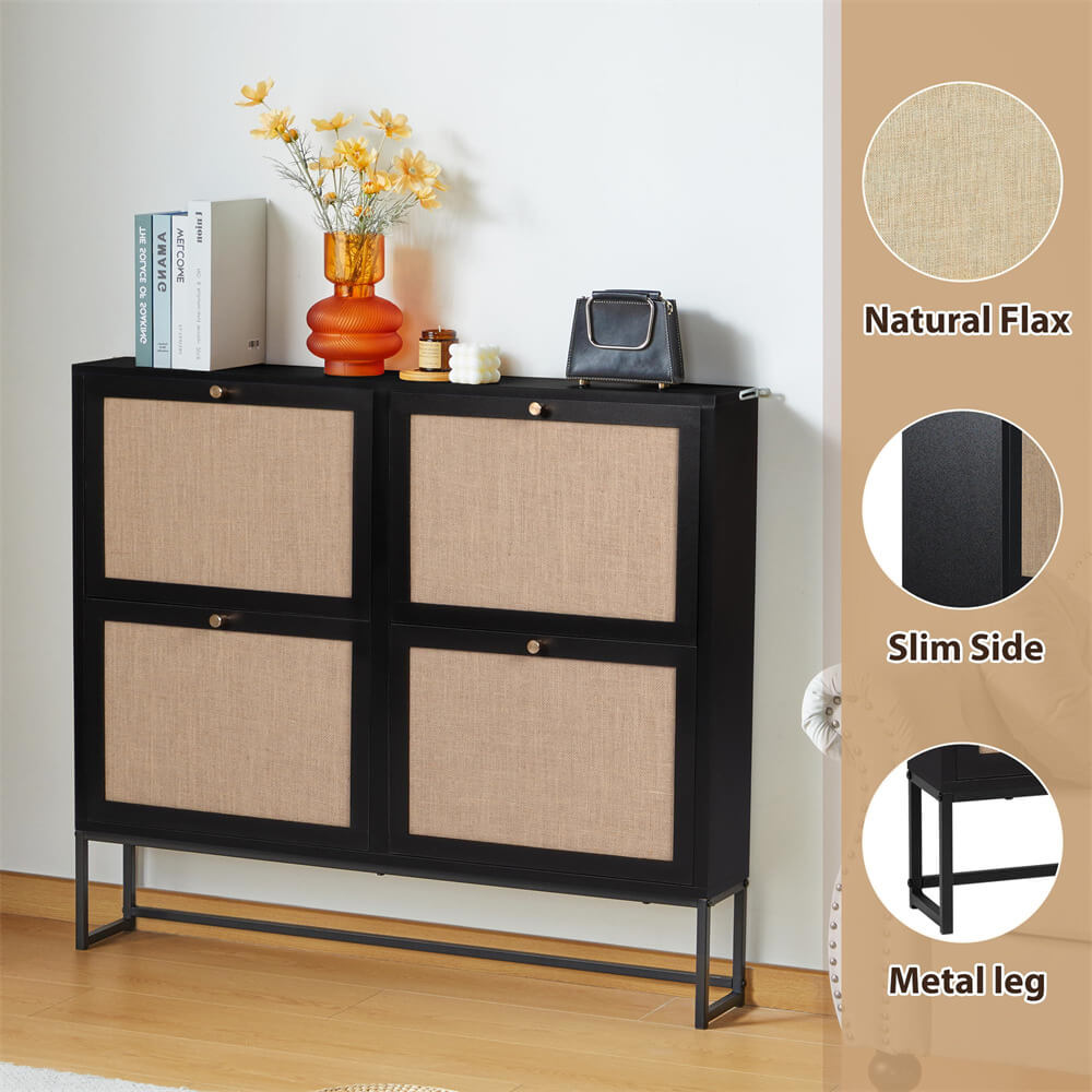 Modern Entryway Wooden Shoe Cabinet Black Freestanding Tipping Bucket Shoe Rack with 4 Flip Drawers