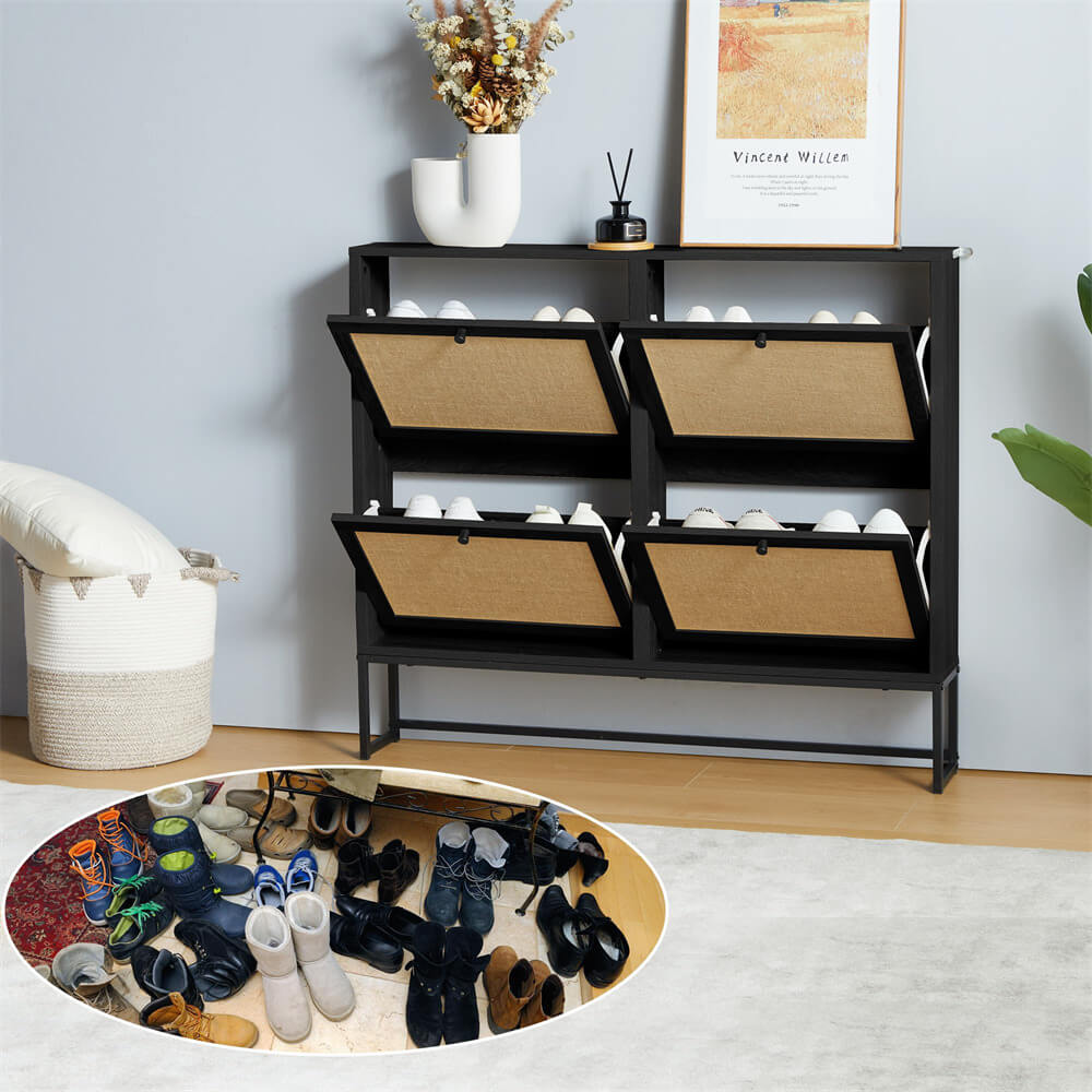 Modern Entryway Wooden Shoe Cabinet Black Freestanding Tipping Bucket Shoe Rack with 4 Flip Drawers