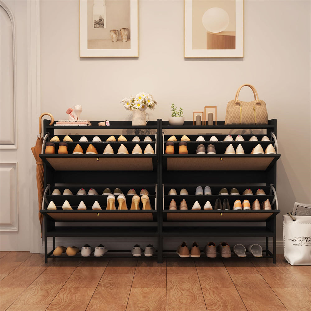 Modern Entryway Wooden Shoe Cabinet Freestanding Tipping Bucket Shoe Rack Black with 2 Flip Drawers