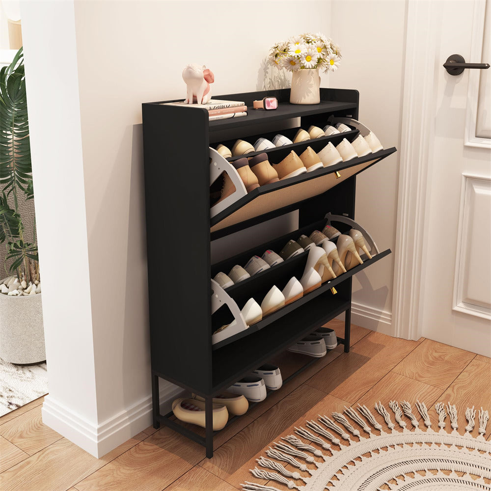Modern Entryway Wooden Shoe Cabinet Freestanding Tipping Bucket Shoe Rack Black with 2 Flip Drawers