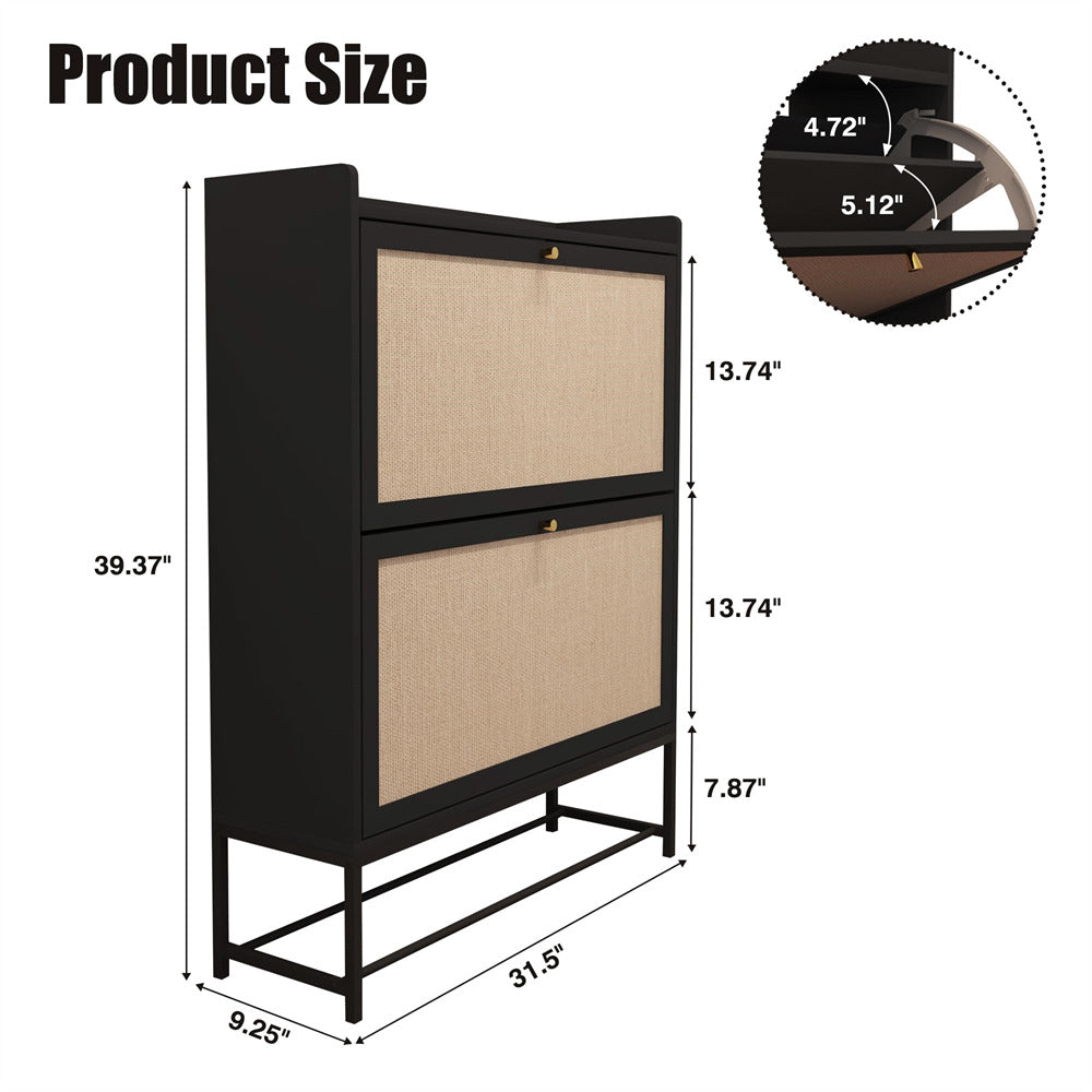 Modern Entryway Wooden Shoe Cabinet Freestanding Tipping Bucket Shoe Rack Black with 2 Flip Drawers